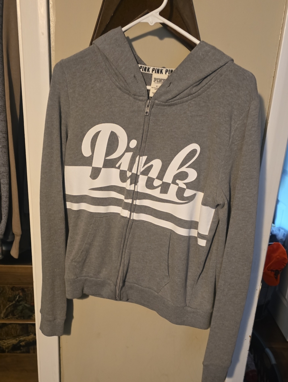 PINK Gray Zip-Up Hoodie with White Logo Like New Medium Y2k